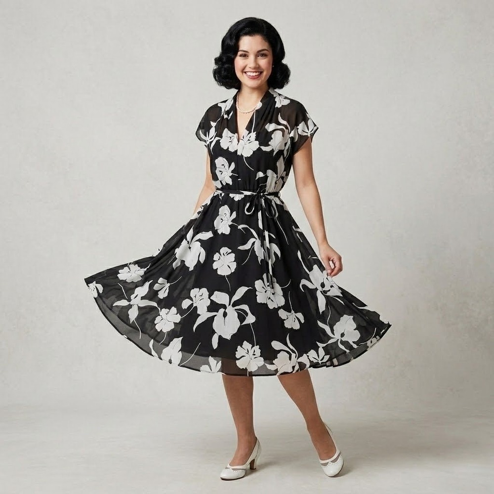 Nu-Mode Floral Midi Dress Womens Medium Black White Vintage Rockabilly Pinup